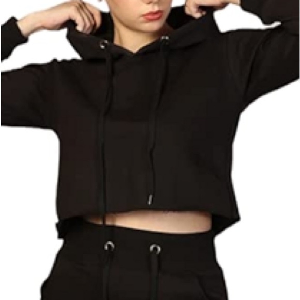 Cotton Long Sleeves Cropped Hoodie pullover long sleeve drawstring raw hem M